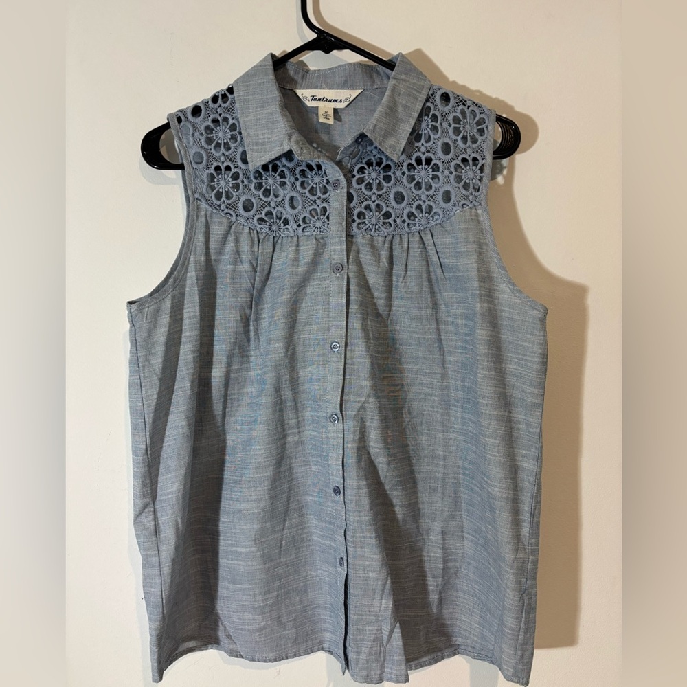Tantrums Women Medium Blue Sleeveless Button Down Top 100% Cotton Casual Collar